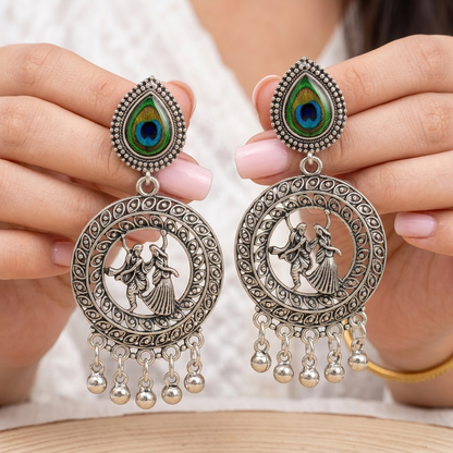 Silver Oxidised Earrings with Peacock Feather & Radha Krishna Design for Women