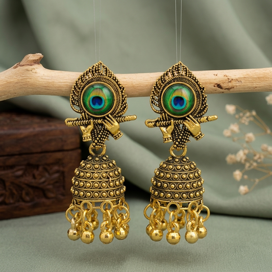 Golden Peacock Feather Jhumka Earrings – Krishna Hands with Flute & Ethnic Dome Beads