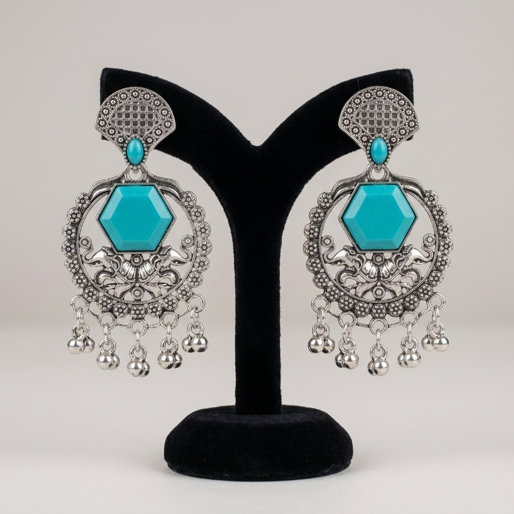 Turquoise Stone Earrings Design for Women | Oxidised Statement Stone Earrings Design