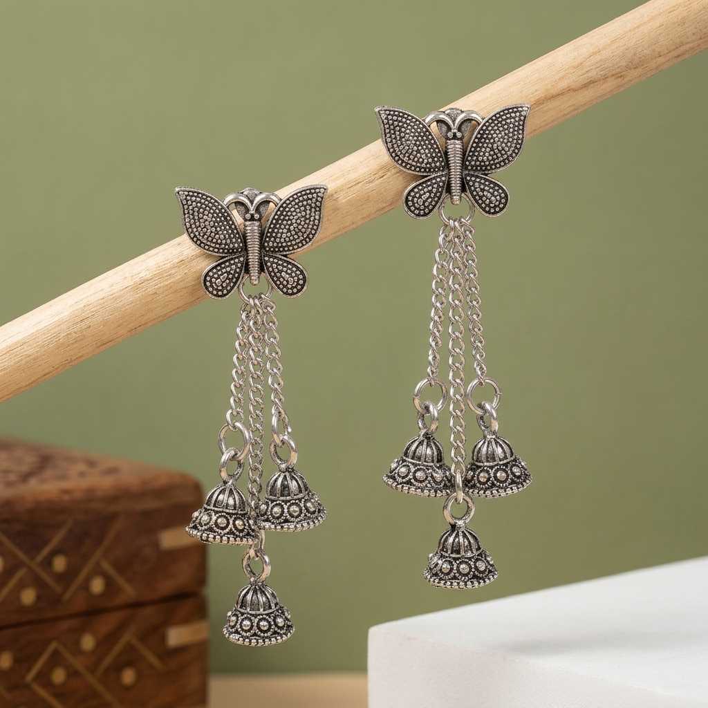 Silver Oxidised Butterfly Jhumka Earrings for Women | Silver Oxidised Earrings