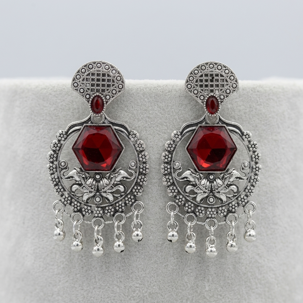 Red Stone Earrings Design for Women | Oxidised Statement Stone Earrings Design