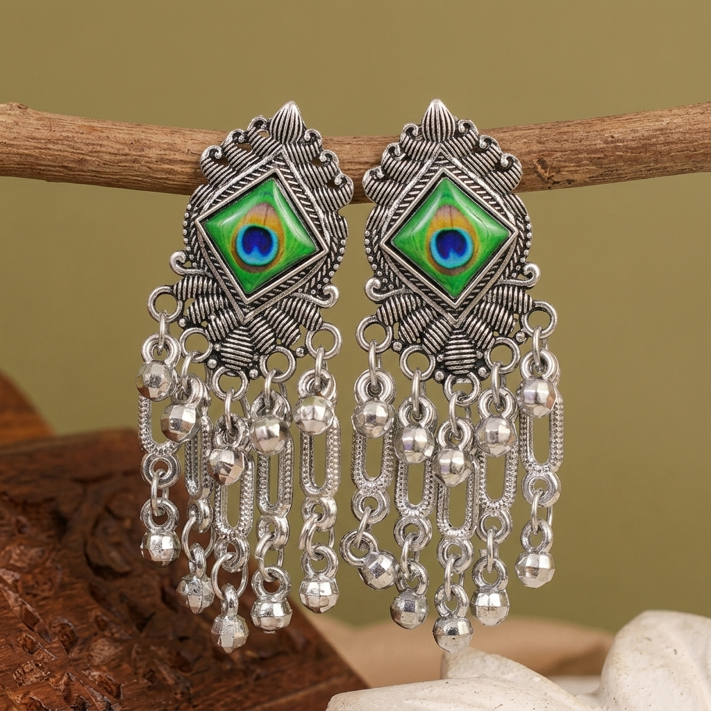 Ethnic Silver Oxidised Earrings with Chain Danglers