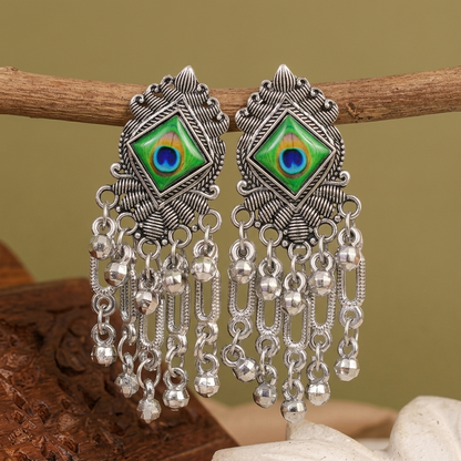 Ethnic Silver Oxidised Earrings with Chain Danglers
