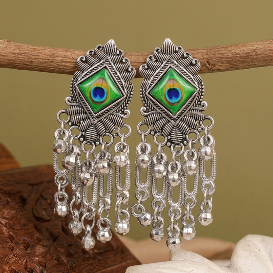 Ethnic Silver Oxidised Earrings with Chain Danglers