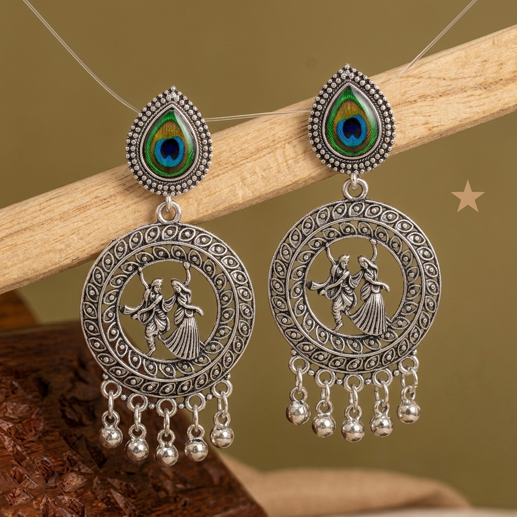 Silver Oxidised Earrings with Peacock Feather & Radha Krishna Design for Women