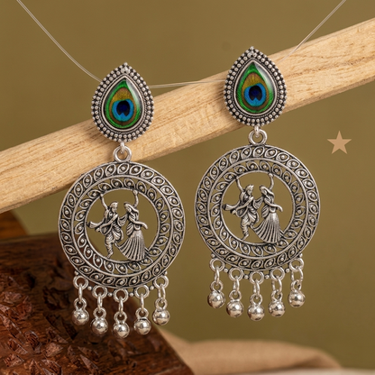 Silver Oxidised Earrings with Peacock Feather & Radha Krishna Design for Women