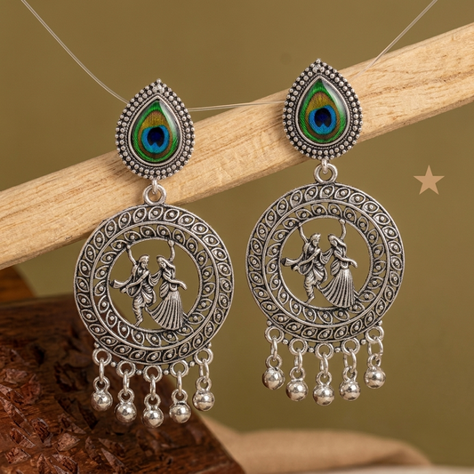 Silver Oxidised Earrings with Peacock Feather & Radha Krishna Design for Women
