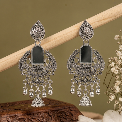 Silver Oxidised Mirror Work Earrings for Women | Traditional Silver Oxidised Earrings
