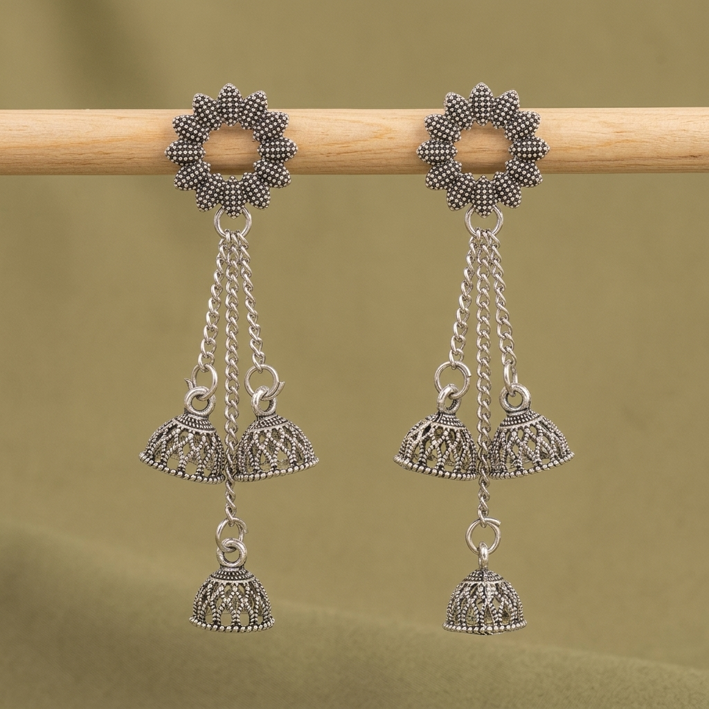 Silver Oxidised Jhumka Earrings for Women | Floral Silver Oxidised Earrings