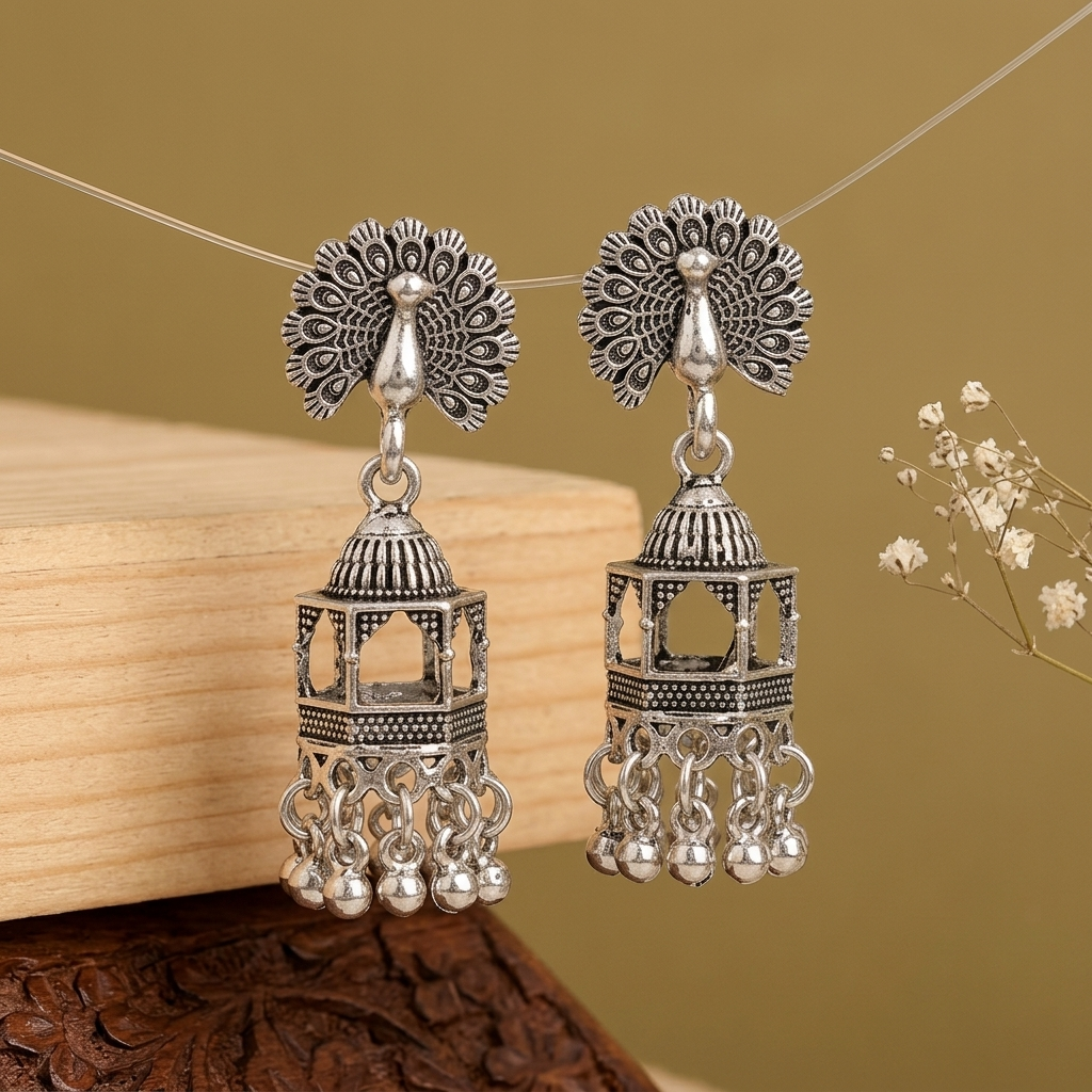 Silver Oxidised Peacock Jhumki Earrings for Women | Traditional Silver Oxidised Earrings