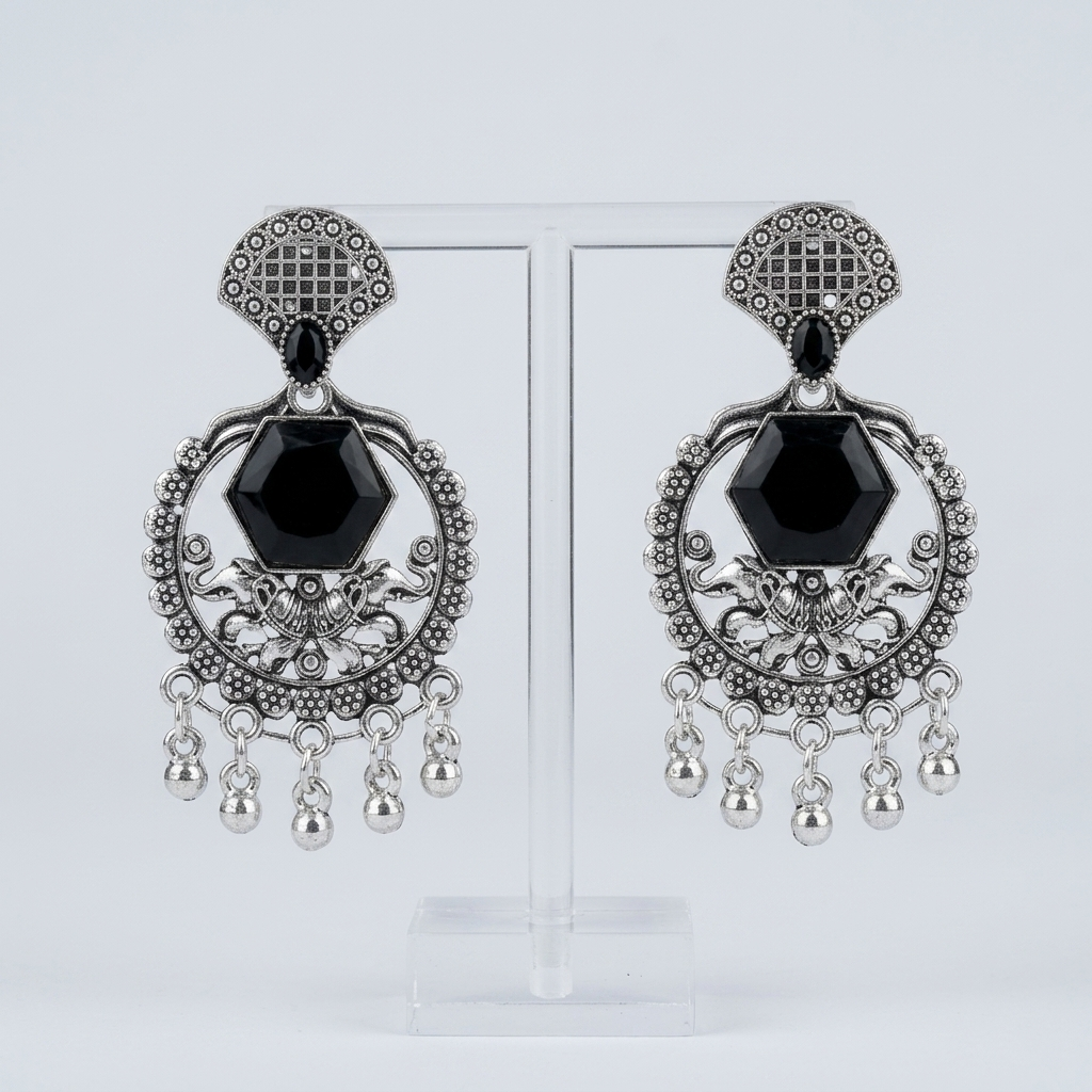 Black Stone Earrings Design for Women | Oxidised Silver Statement Earrings | Ethnic Party Wear Jewellery