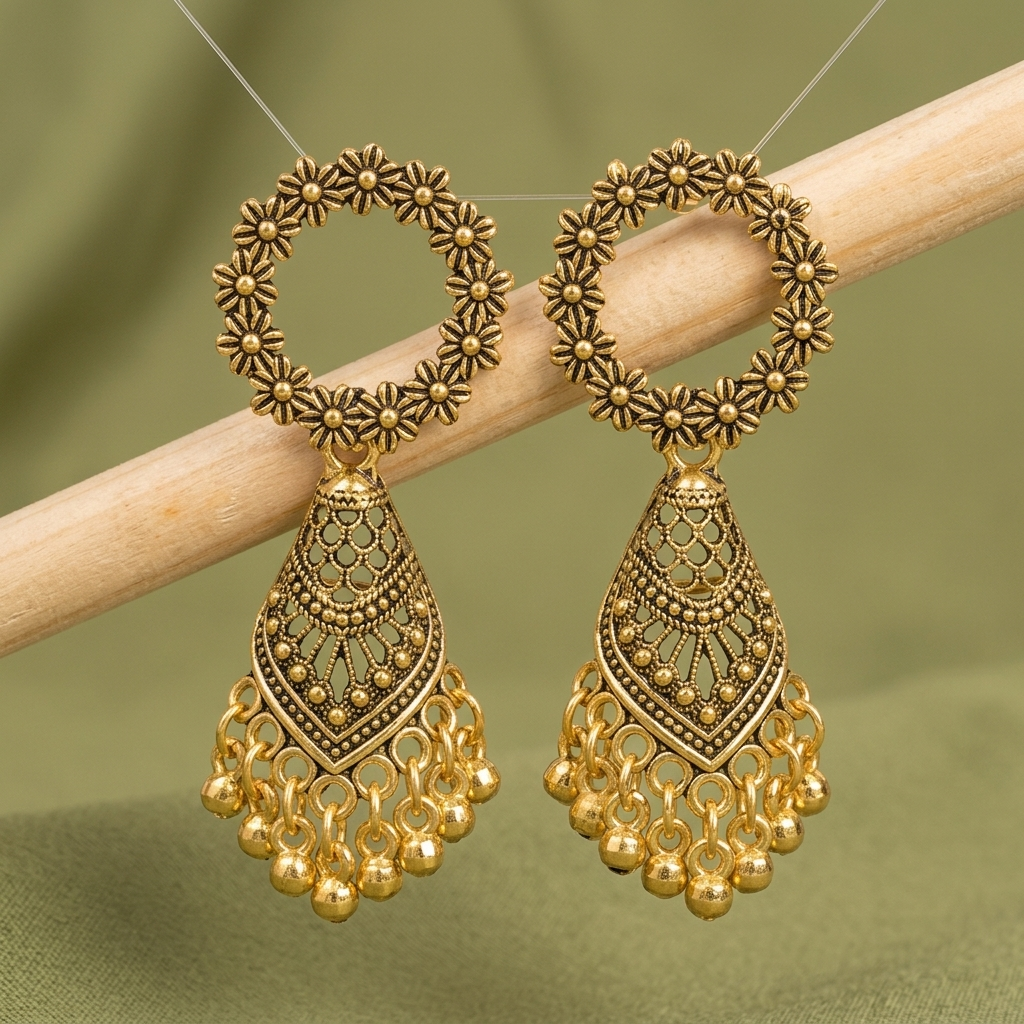 Gold Jhumka Earrings for Women | Floral Statement Jhumka Earrings