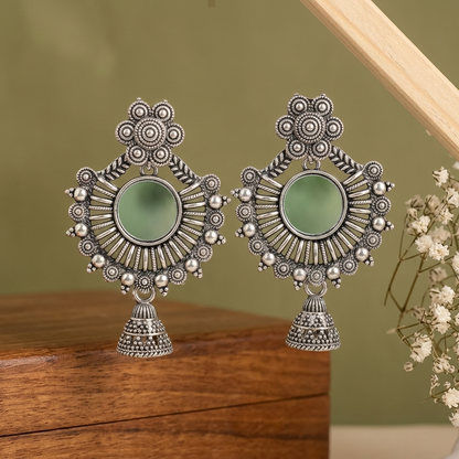Mirror Work Floral Earrings for Women | Oxidised Silver Jhumki Statement Earrings