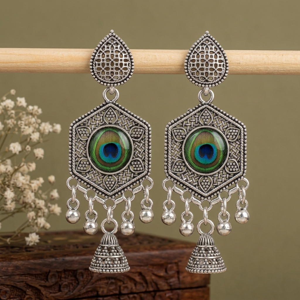 Silver Oxidised Earrings with Peacock Feather & Jhumki Design for Women