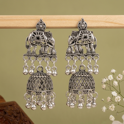 Silver Oxidised Elephant Jhumki Earrings for Women | Traditional Silver Oxidised Earrings