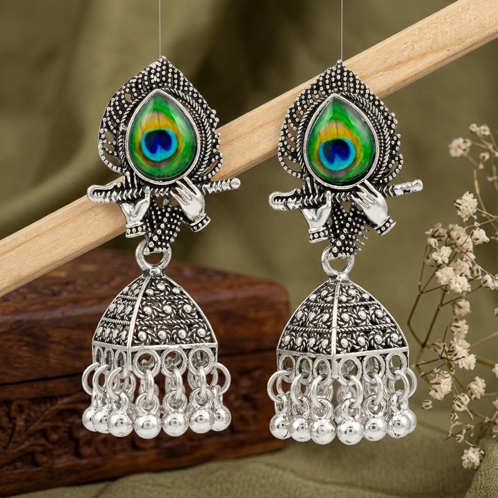Silver Peacock Feather Jhumka Earrings – Krishna Flute Motif & Filigree Beads