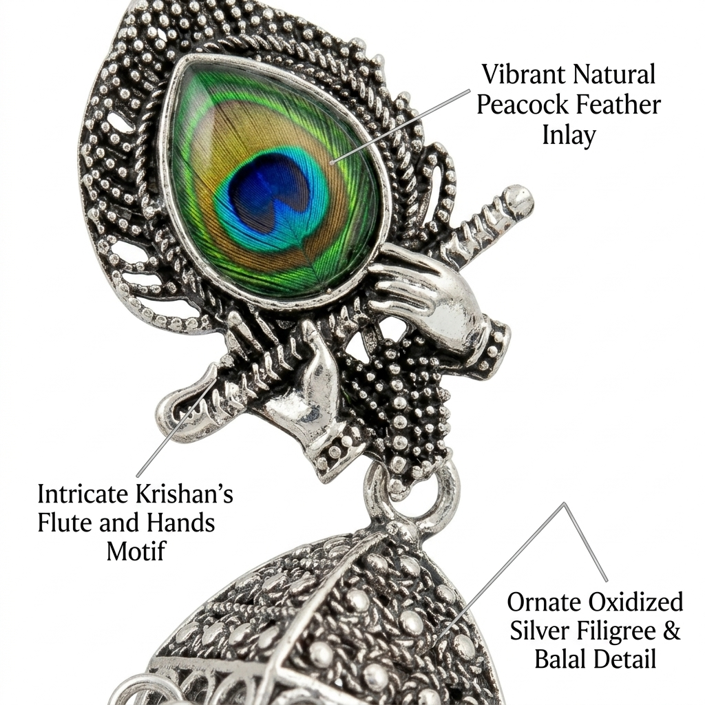Silver Peacock Feather Jhumka Earrings – Krishna Flute Motif & Filigree Beads