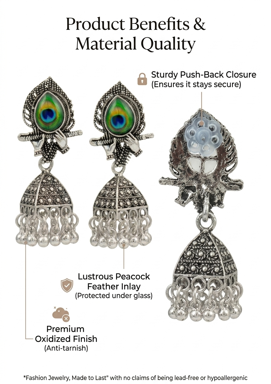 Silver Peacock Feather Jhumka Earrings – Krishna Flute Motif & Filigree Beads