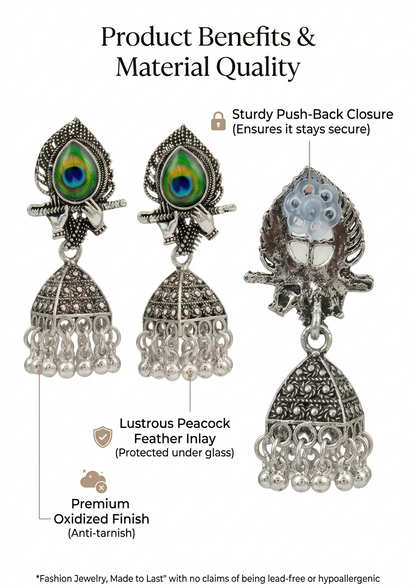 Silver Peacock Feather Jhumka Earrings – Krishna Flute Motif & Filigree Beads