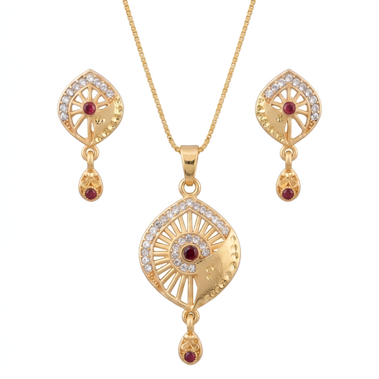 Elegant Ruby Stone Gold Chain Pendant Set with Matching Earrings for Women