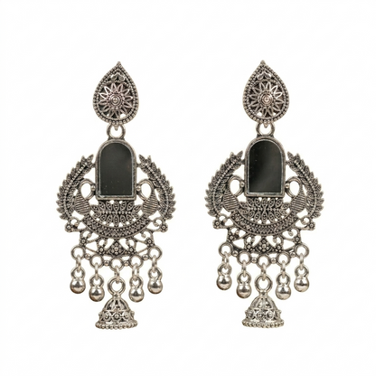 Silver Oxidised Mirror Work Earrings for Women | Traditional Silver Oxidised Earrings