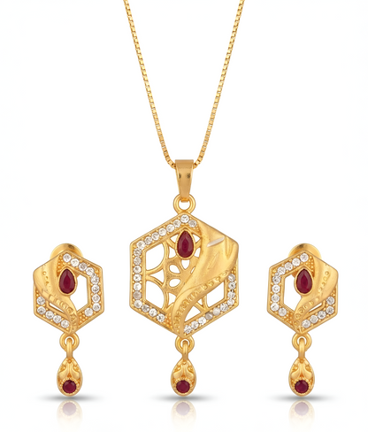 Elegant Hexagonal Design Gold Chain Pendant Set with Matching Earrings for Women