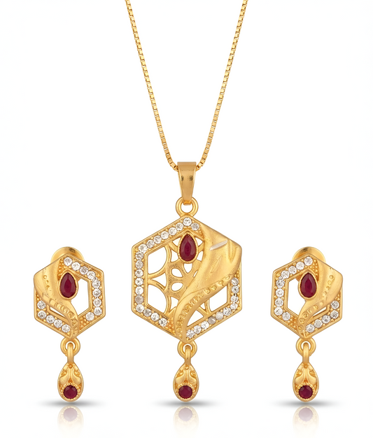 Elegant Hexagonal Design Gold Chain Pendant Set with Matching Earrings for Women