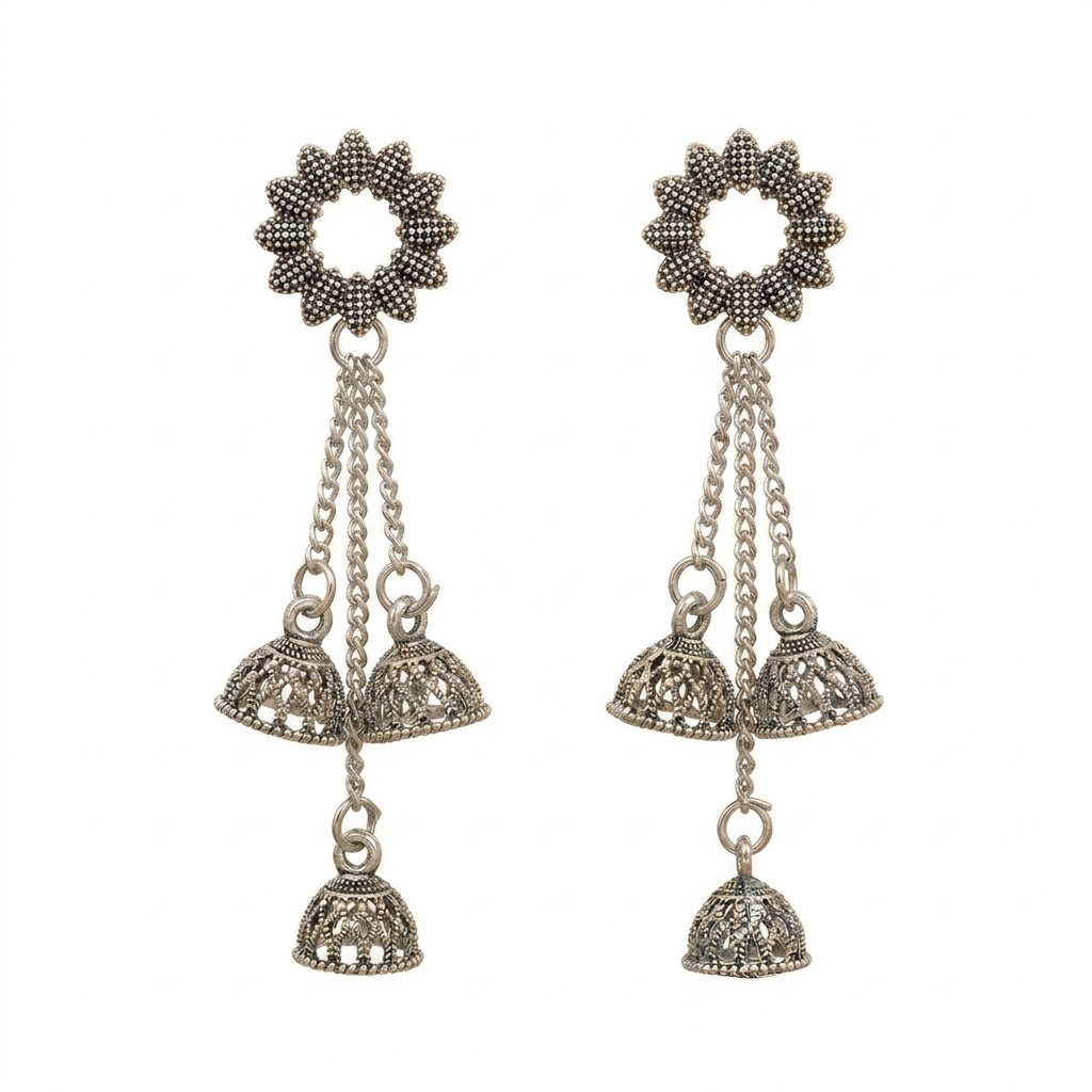 Silver Oxidised Jhumka Earrings for Women | Floral Silver Oxidised Earrings