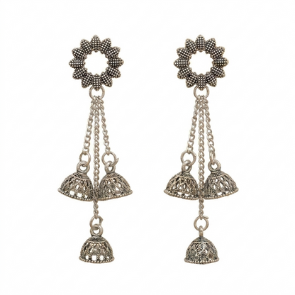 Silver Oxidised Jhumka Earrings for Women | Floral Silver Oxidised Earrings