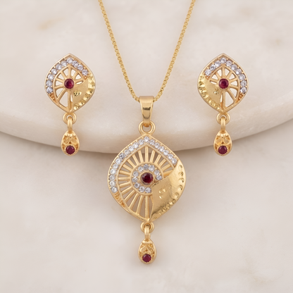 Elegant Ruby Stone Gold Chain Pendant Set with Matching Earrings for Women