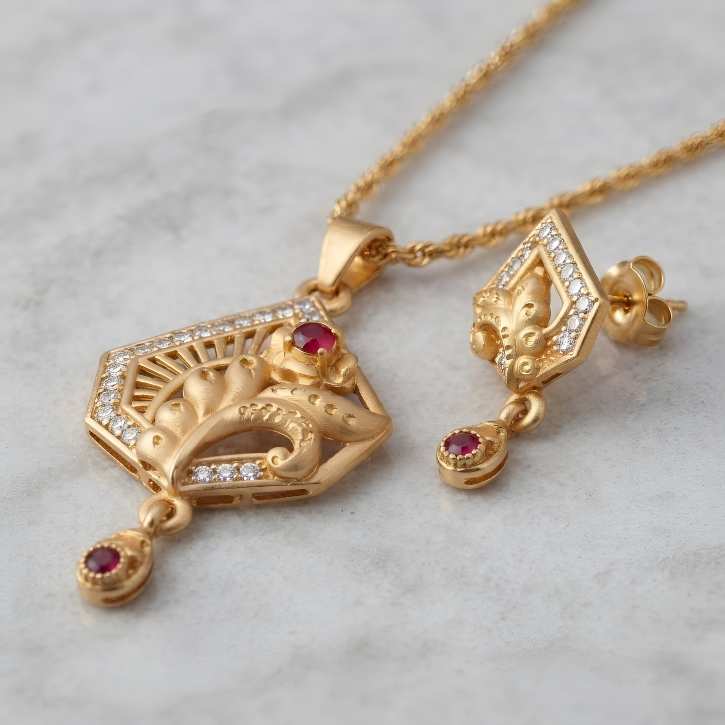 Gold Chain Pendant Set for Women | Elegant Gold Pendant with Matching Earrings | Stylish Jewellery Set