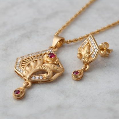 Gold Chain Pendant Set for Women | Elegant Gold Pendant with Matching Earrings | Stylish Jewellery Set