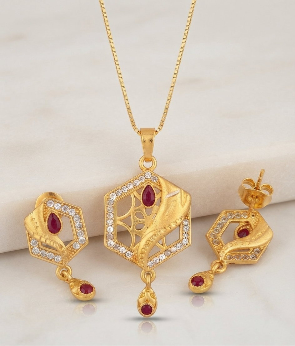 Elegant Hexagonal Design Gold Chain Pendant Set with Matching Earrings for Women